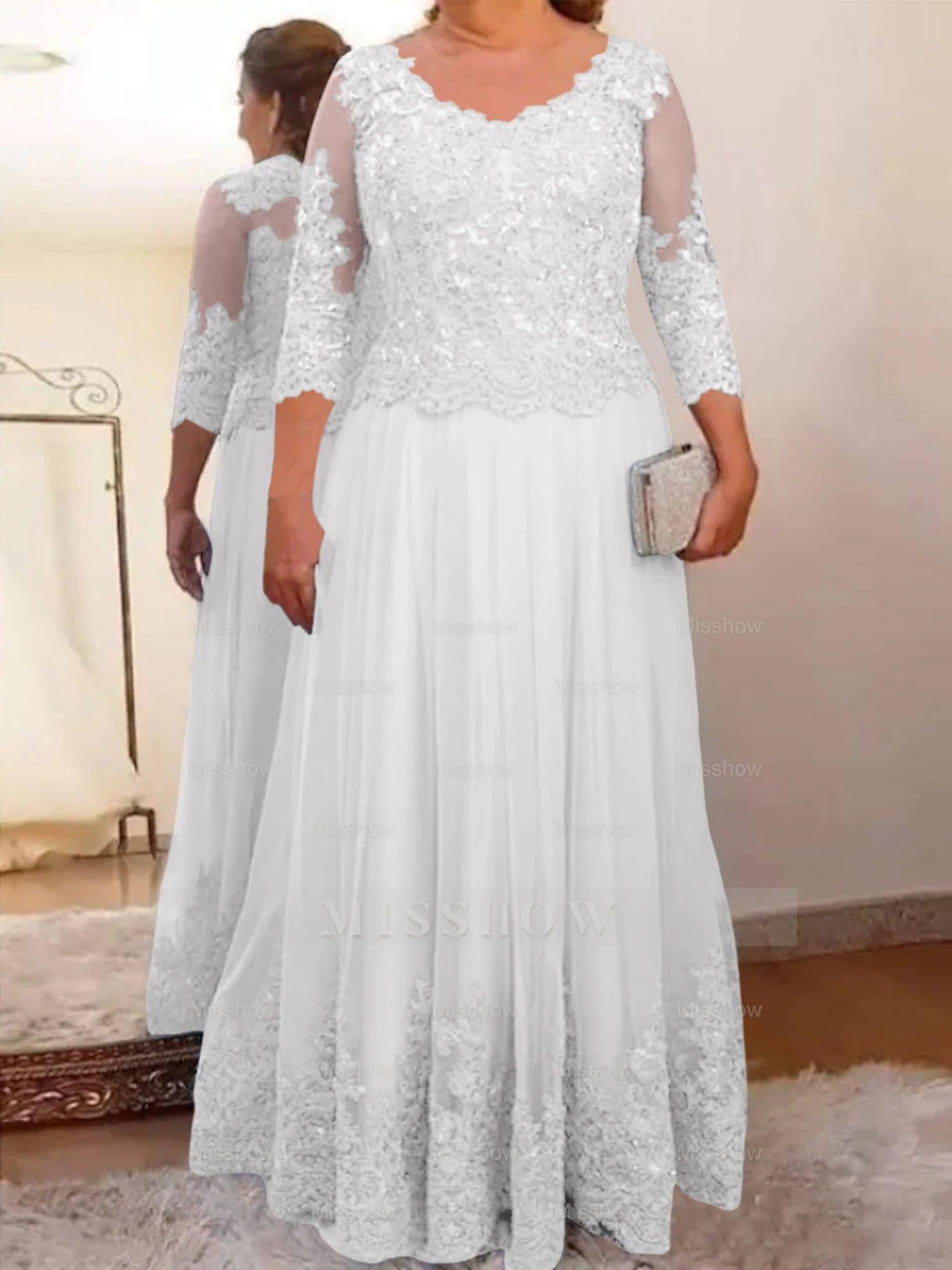 Floor-Length A-Line Mother of the Bride Dress with Sheer Neck and 3/4 Sleeves Featuring Applique