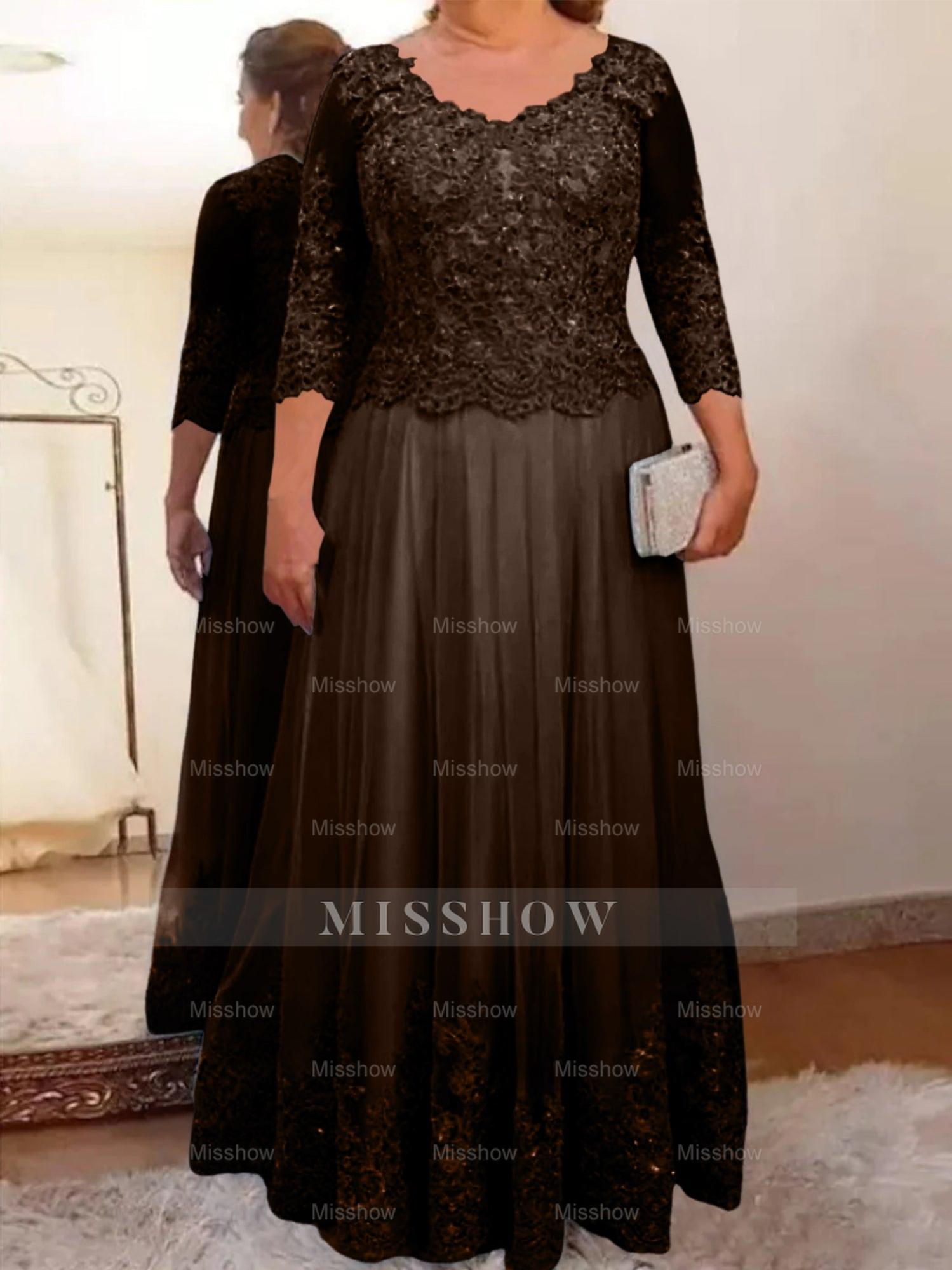 Floor-Length A-Line Mother of the Bride Dress with Sheer Neck and 3/4 Sleeves Featuring Applique
