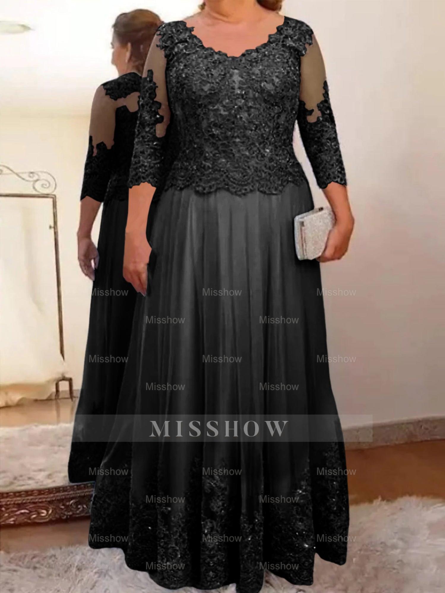 Floor-Length A-Line Mother of the Bride Dress with Sheer Neck and 3/4 Sleeves Featuring Applique