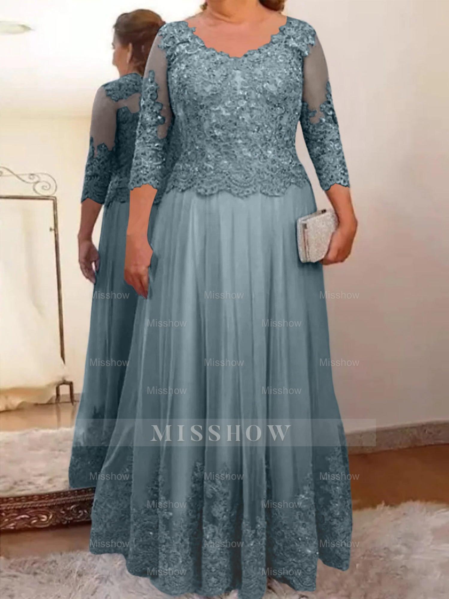 Floor-Length A-Line Mother of the Bride Dress with Sheer Neck and 3/4 Sleeves Featuring Applique