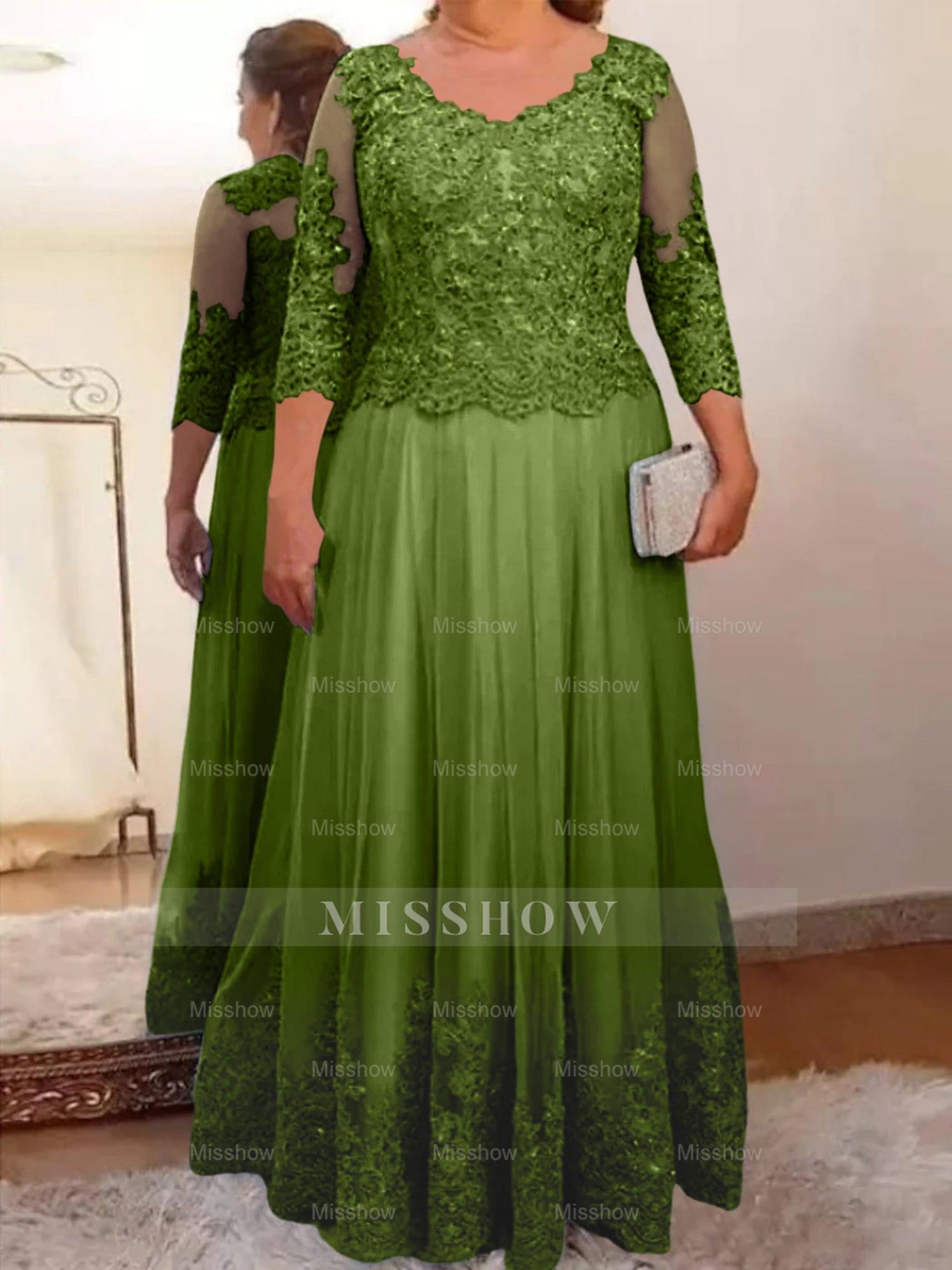 Floor-Length A-Line Mother of the Bride Dress with Sheer Neck and 3/4 Sleeves Featuring Applique