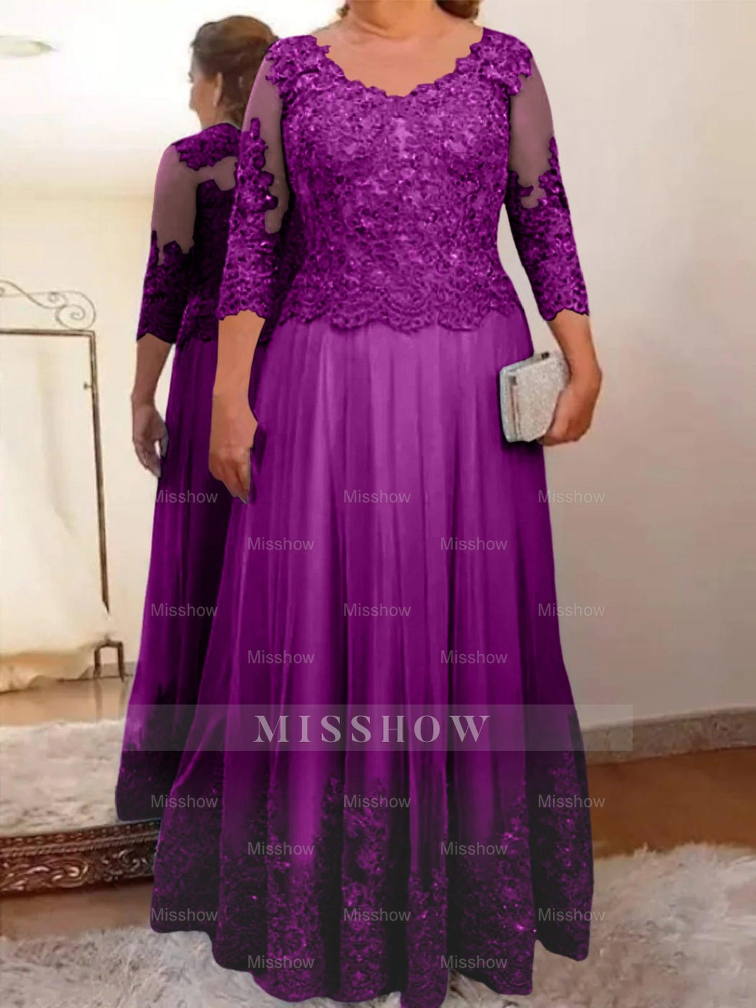 Floor-Length A-Line Mother of the Bride Dress with Sheer Neck and 3/4 Sleeves Featuring Applique
