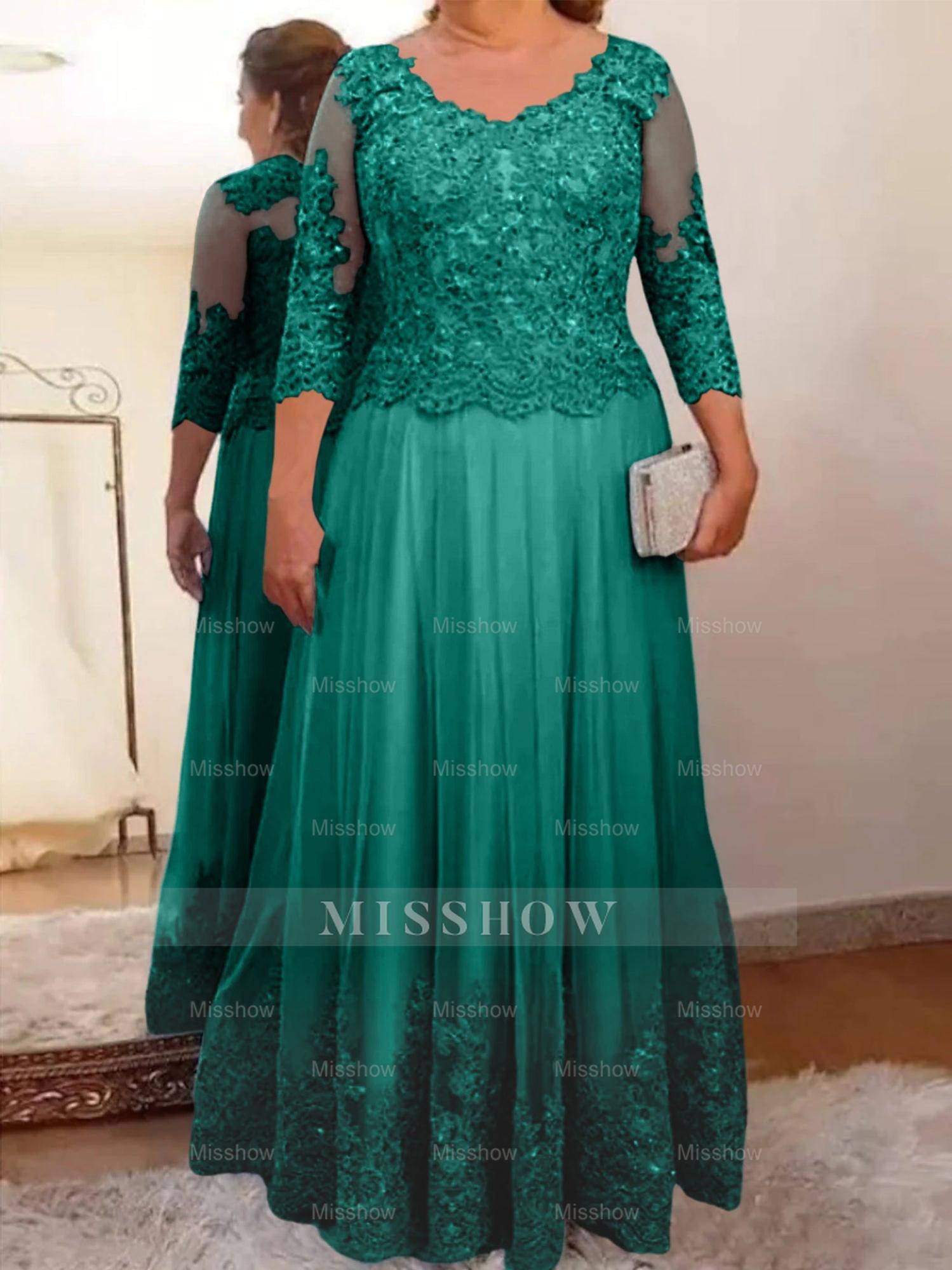 Floor-Length A-Line Mother of the Bride Dress with Sheer Neck and 3/4 Sleeves Featuring Applique