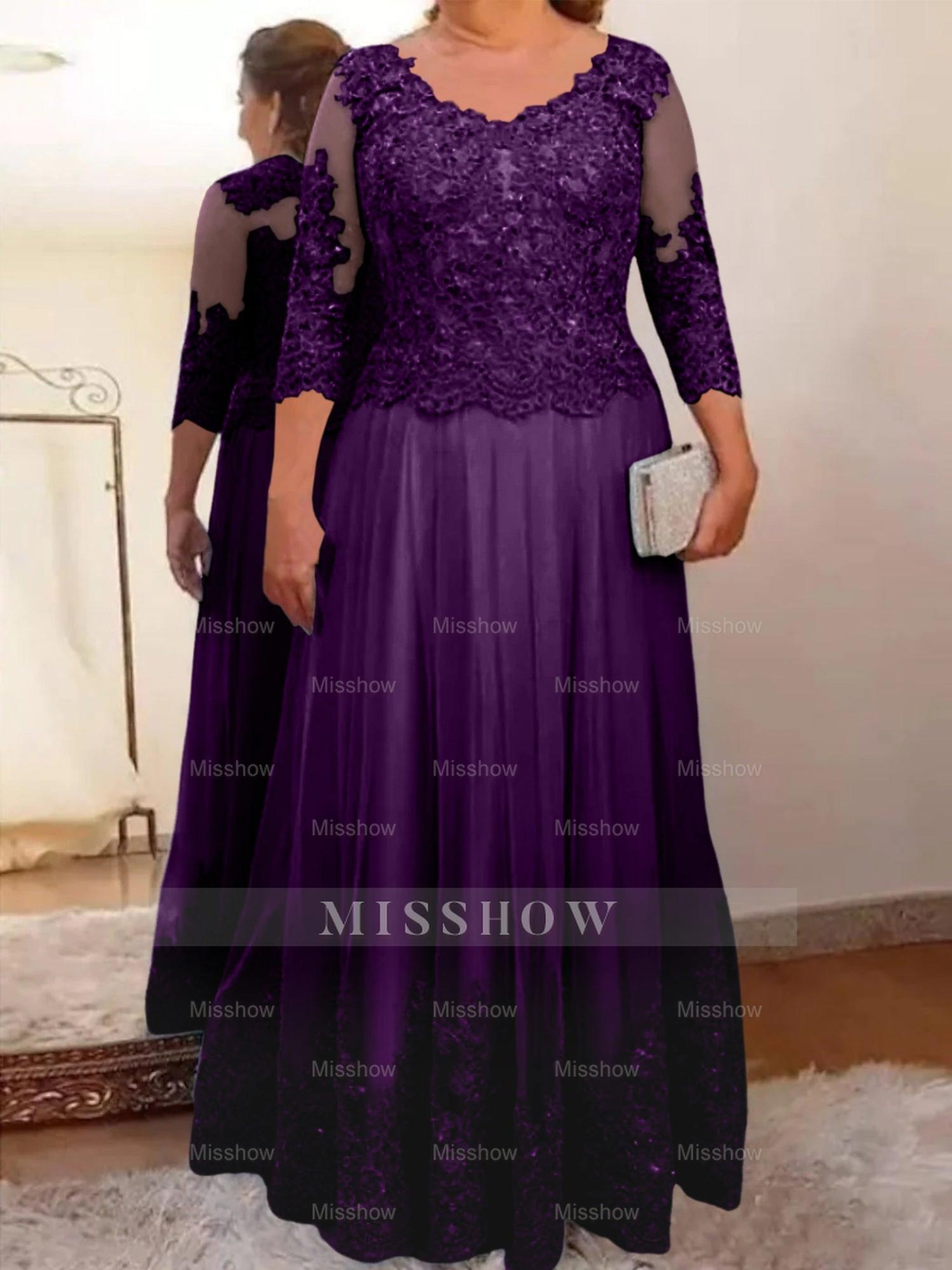 Floor-Length A-Line Mother of the Bride Dress with Sheer Neck and 3/4 Sleeves Featuring Applique
