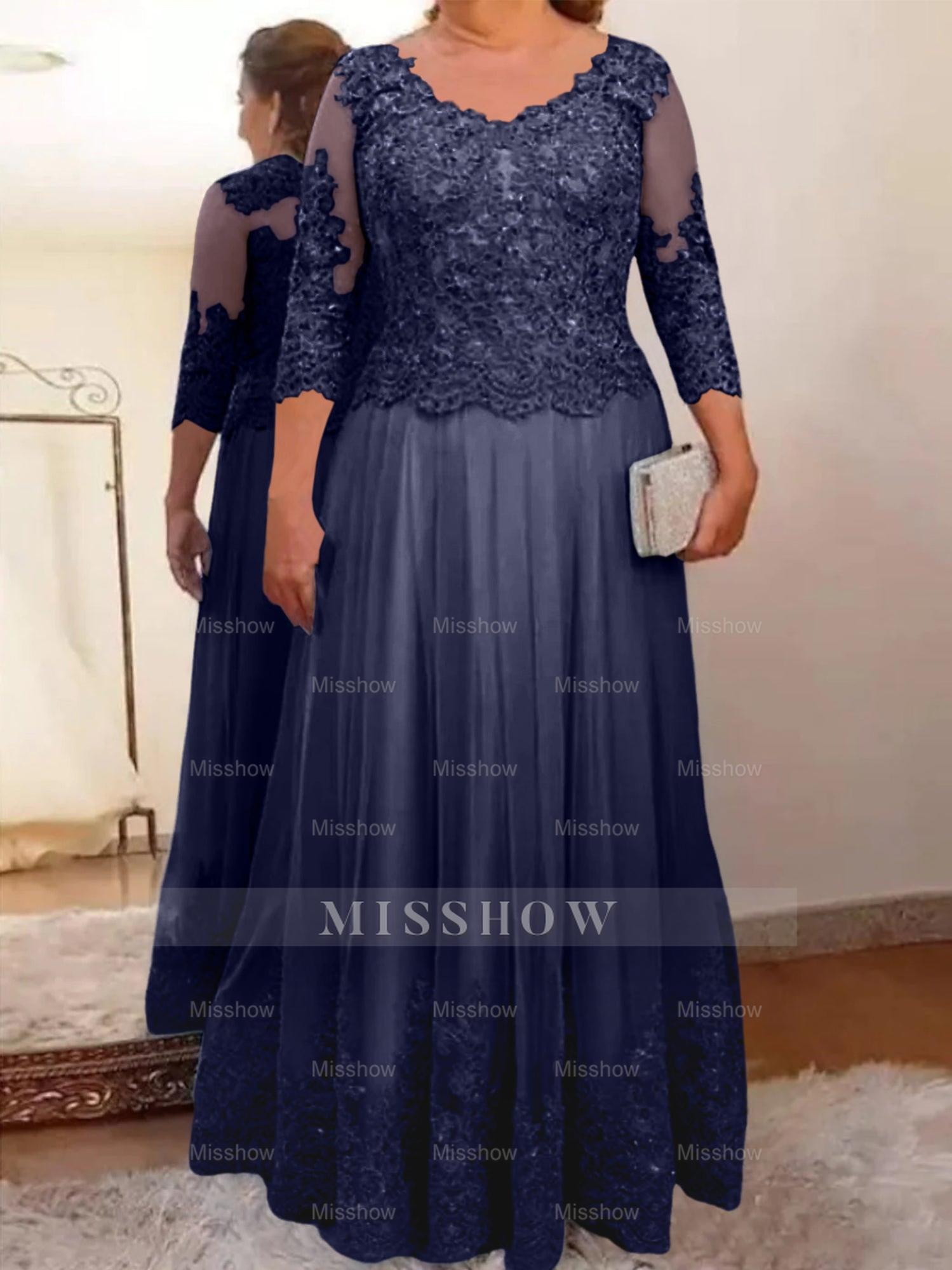 Floor-Length A-Line Mother of the Bride Dress with Sheer Neck and 3/4 Sleeves Featuring Applique