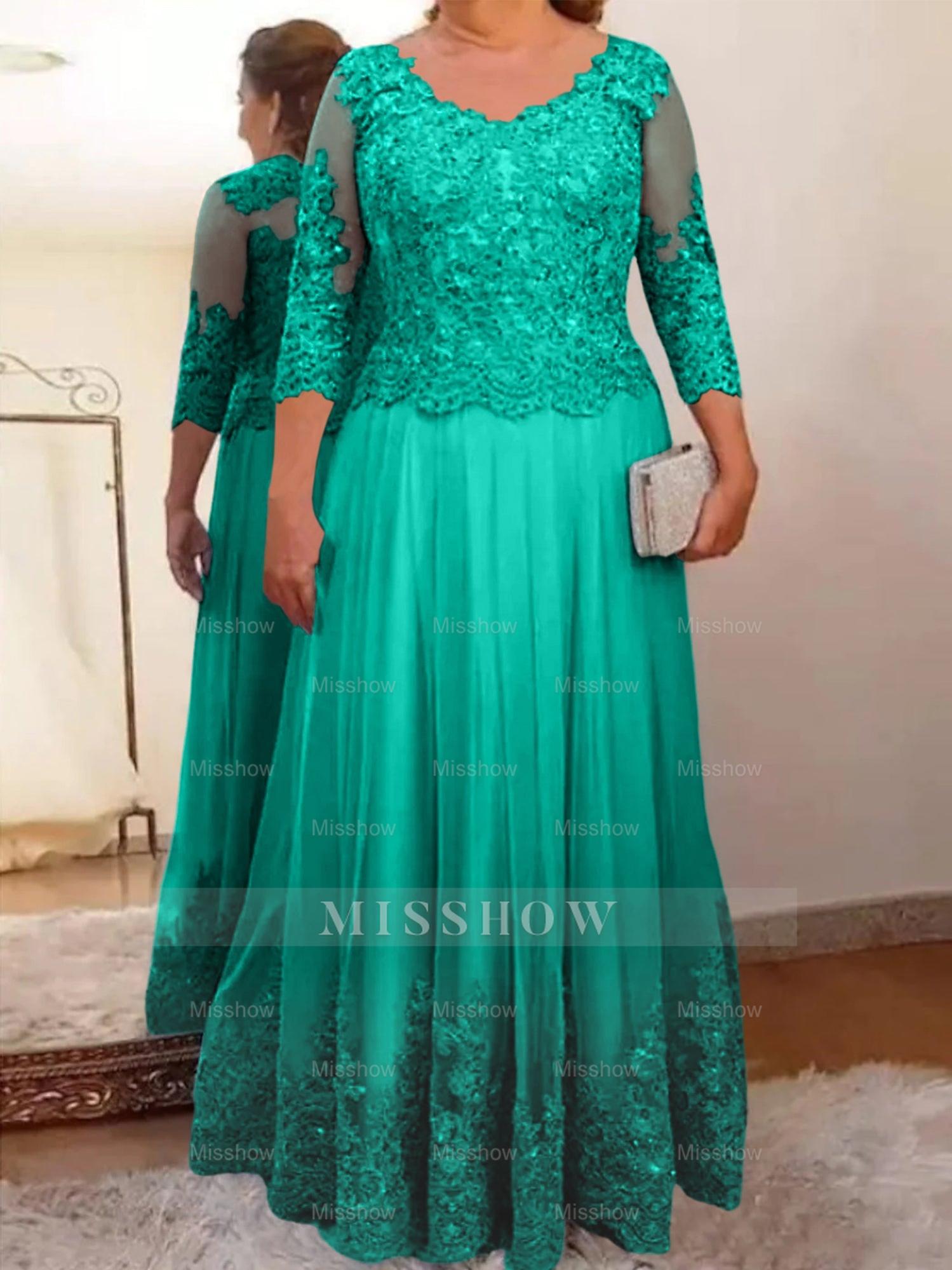 Floor-Length A-Line Mother of the Bride Dress with Sheer Neck and 3/4 Sleeves Featuring Applique