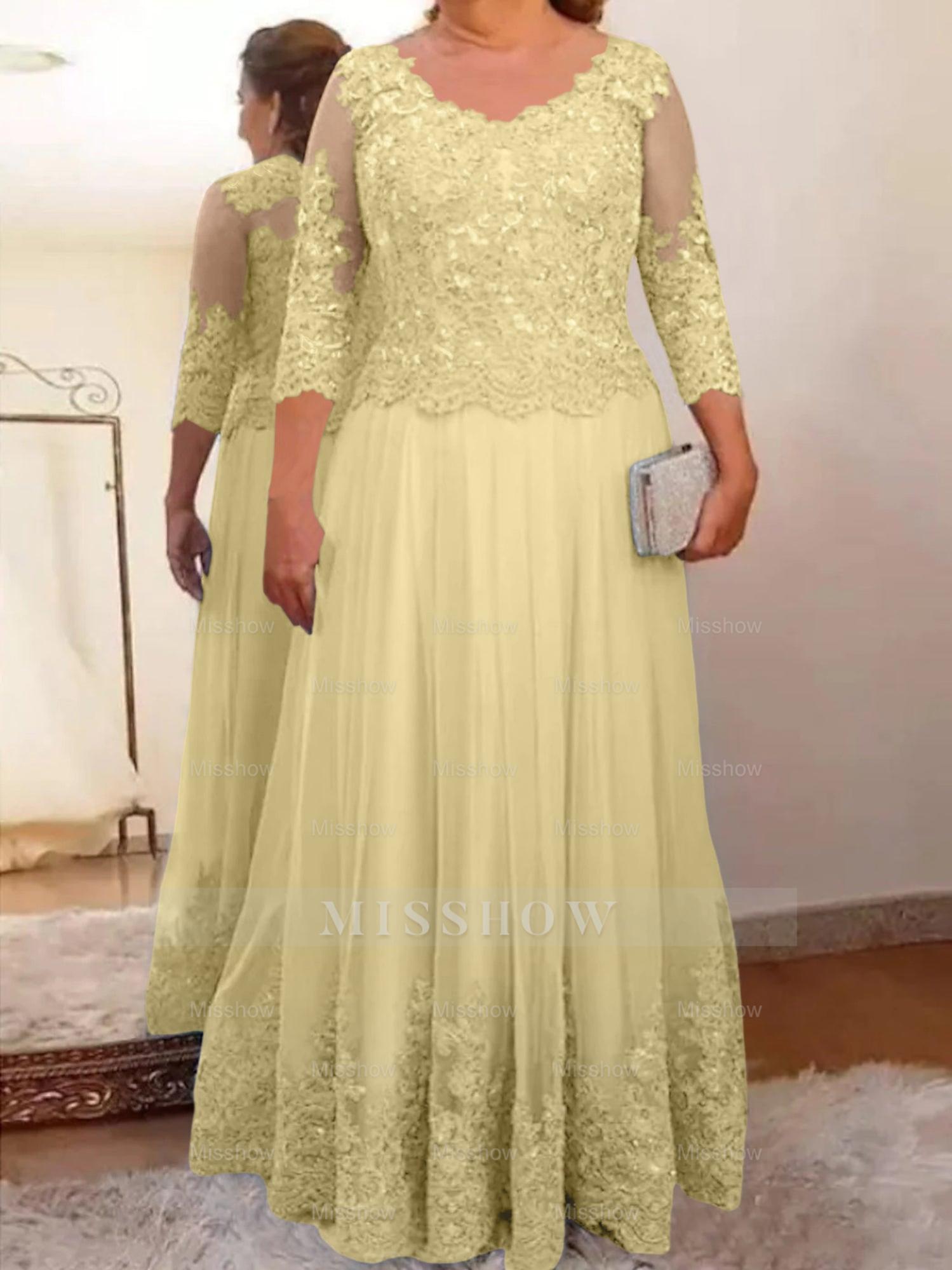 Floor-Length A-Line Mother of the Bride Dress with Sheer Neck and 3/4 Sleeves Featuring Applique