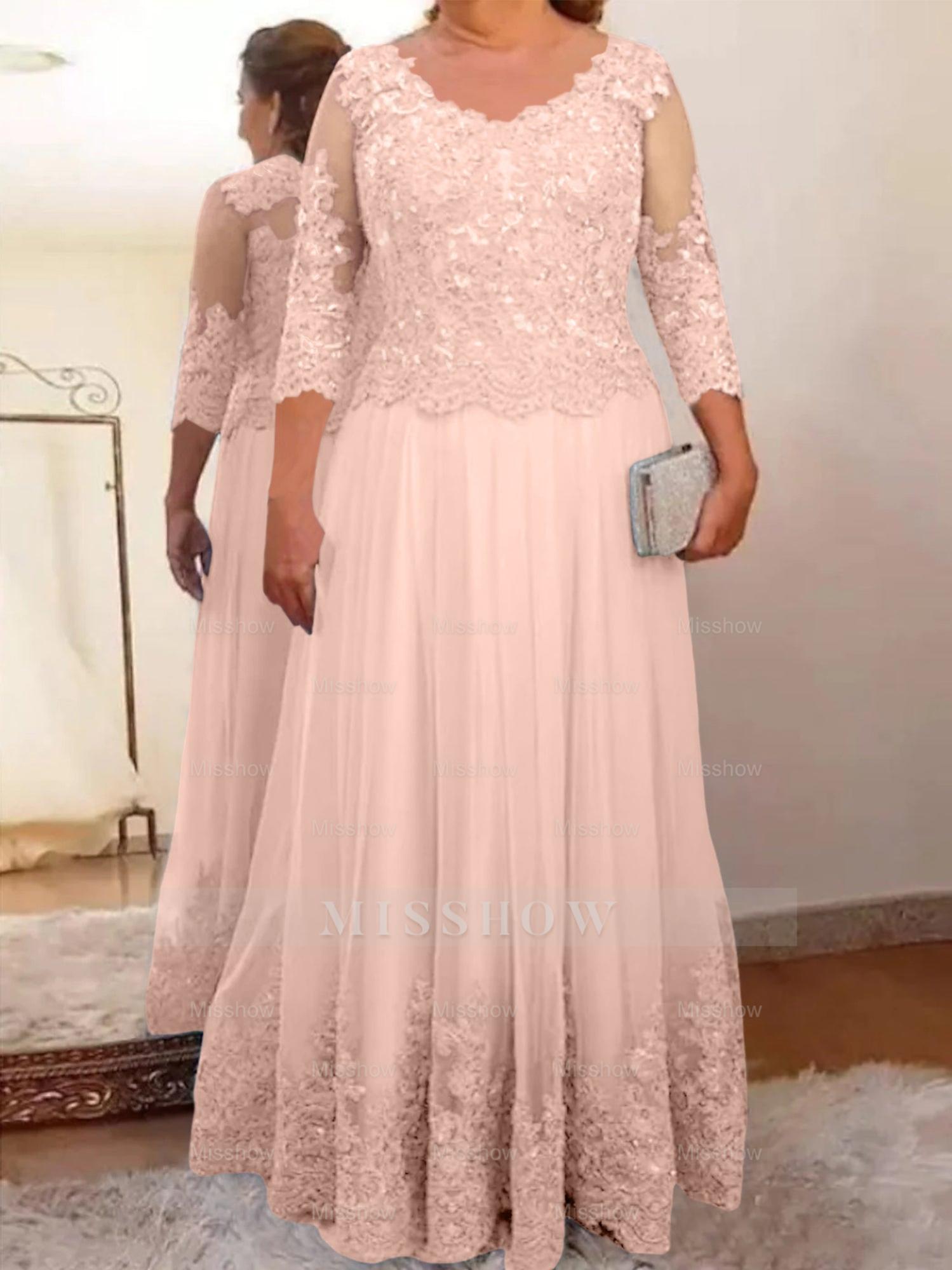 Floor-Length A-Line Mother of the Bride Dress with Sheer Neck and 3/4 Sleeves Featuring Applique
