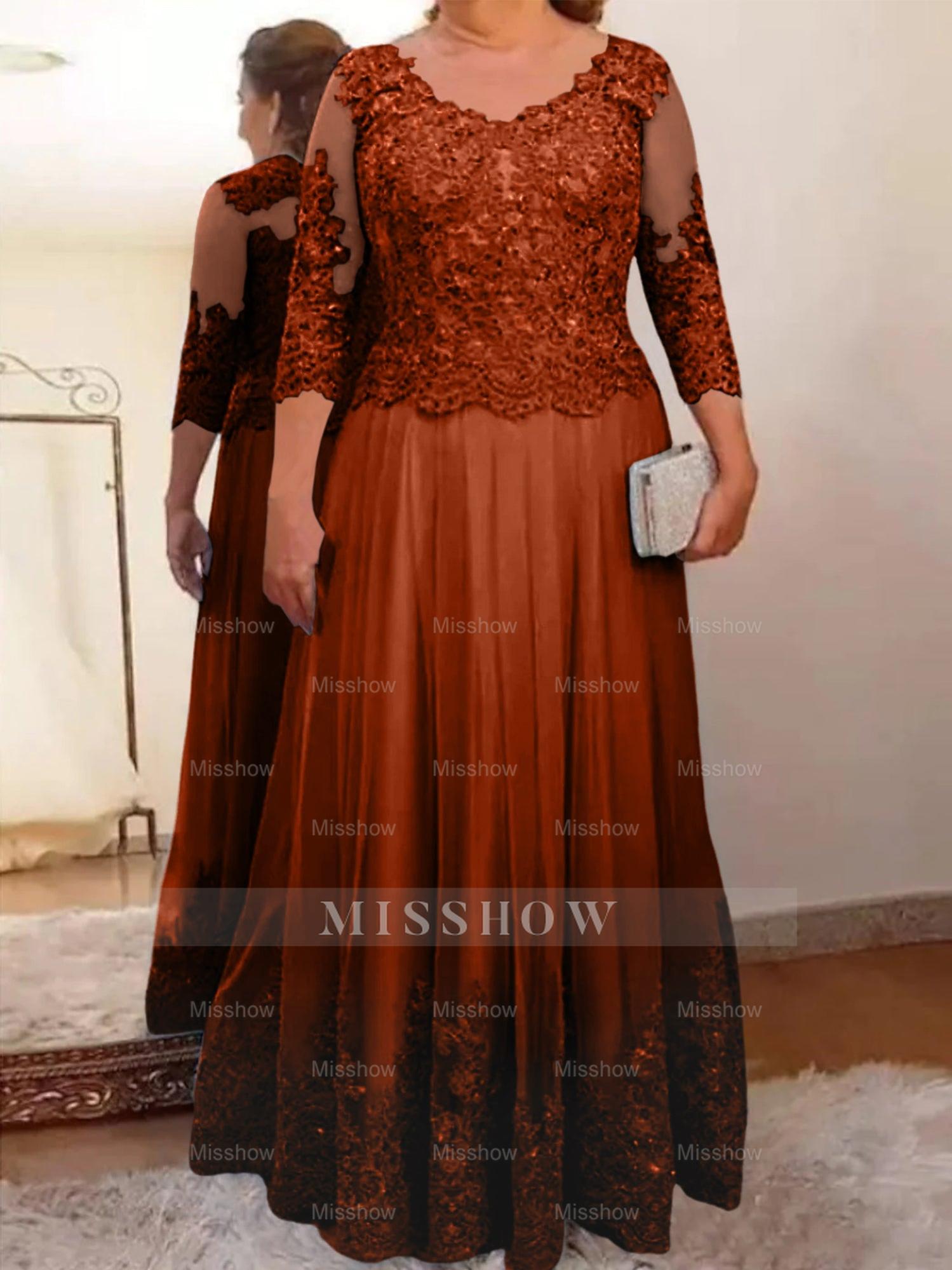 Floor-Length A-Line Mother of the Bride Dress with Sheer Neck and 3/4 Sleeves Featuring Applique