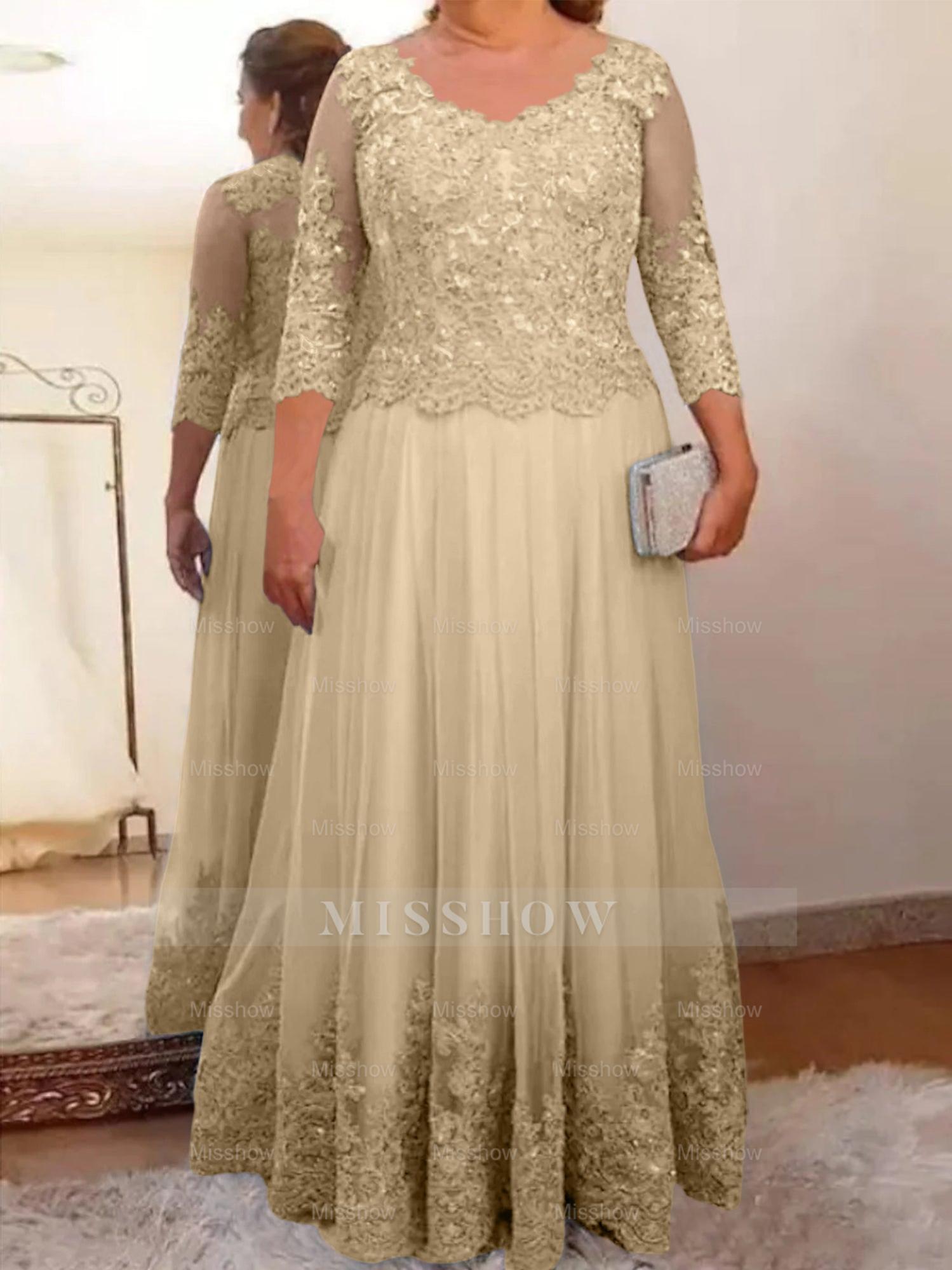 Floor-Length A-Line Mother of the Bride Dress with Sheer Neck and 3/4 Sleeves Featuring Applique