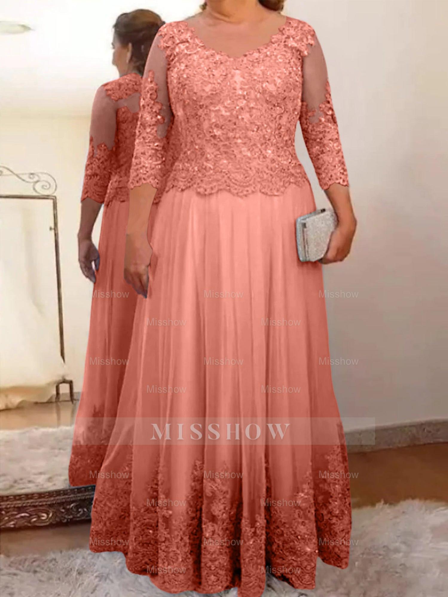 Floor-Length A-Line Mother of the Bride Dress with Sheer Neck and 3/4 Sleeves Featuring Applique