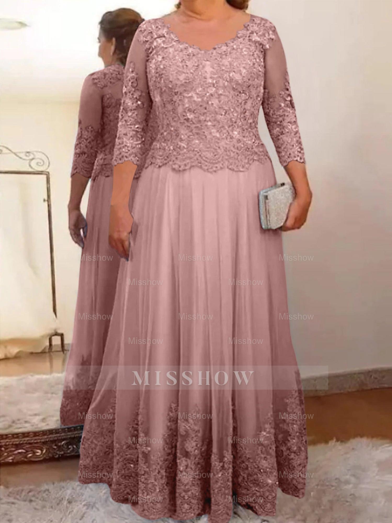 Floor-Length A-Line Mother of the Bride Dress with Sheer Neck and 3/4 Sleeves Featuring Applique