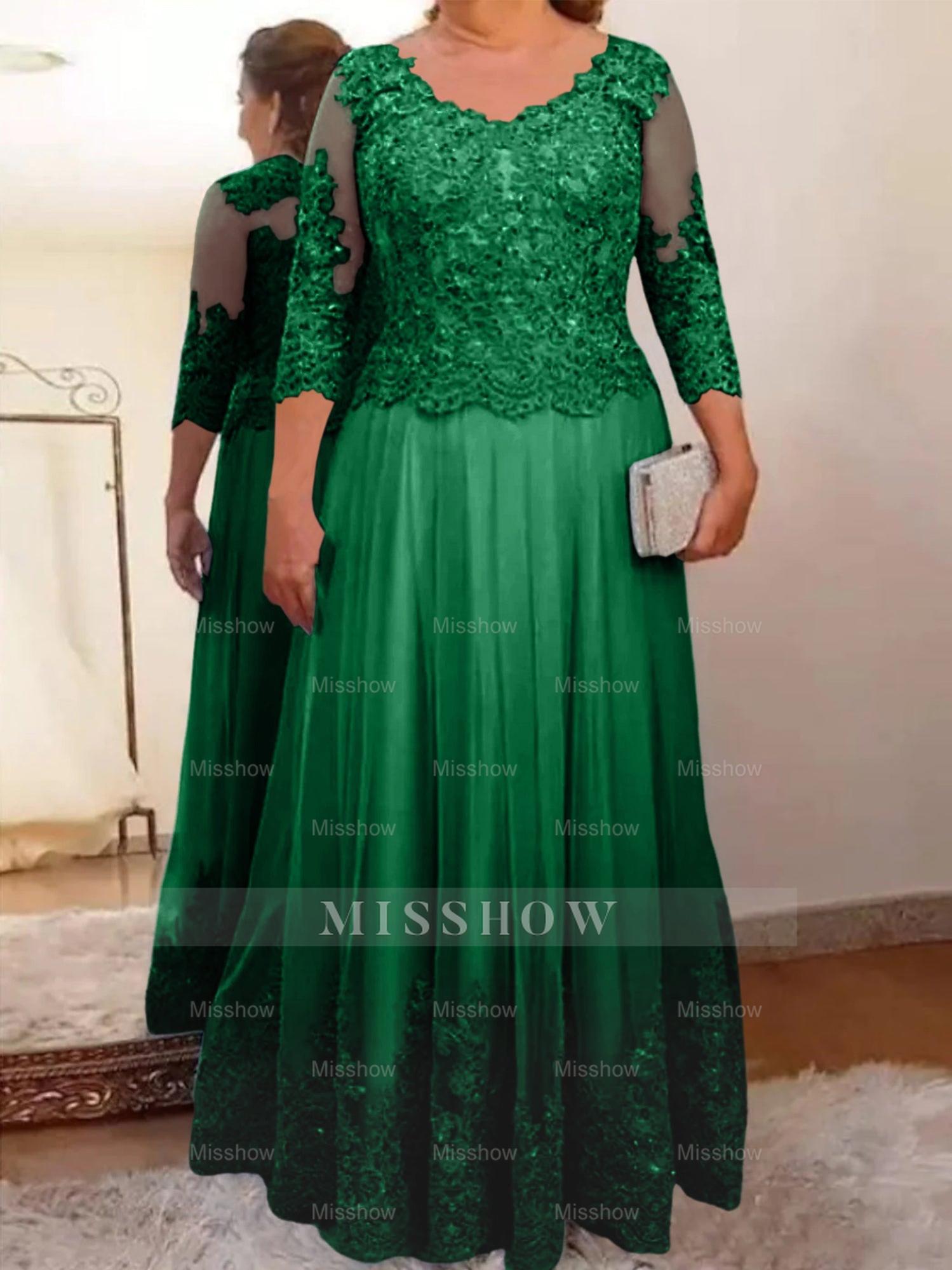 Floor-Length A-Line Mother of the Bride Dress with Sheer Neck and 3/4 Sleeves Featuring Applique