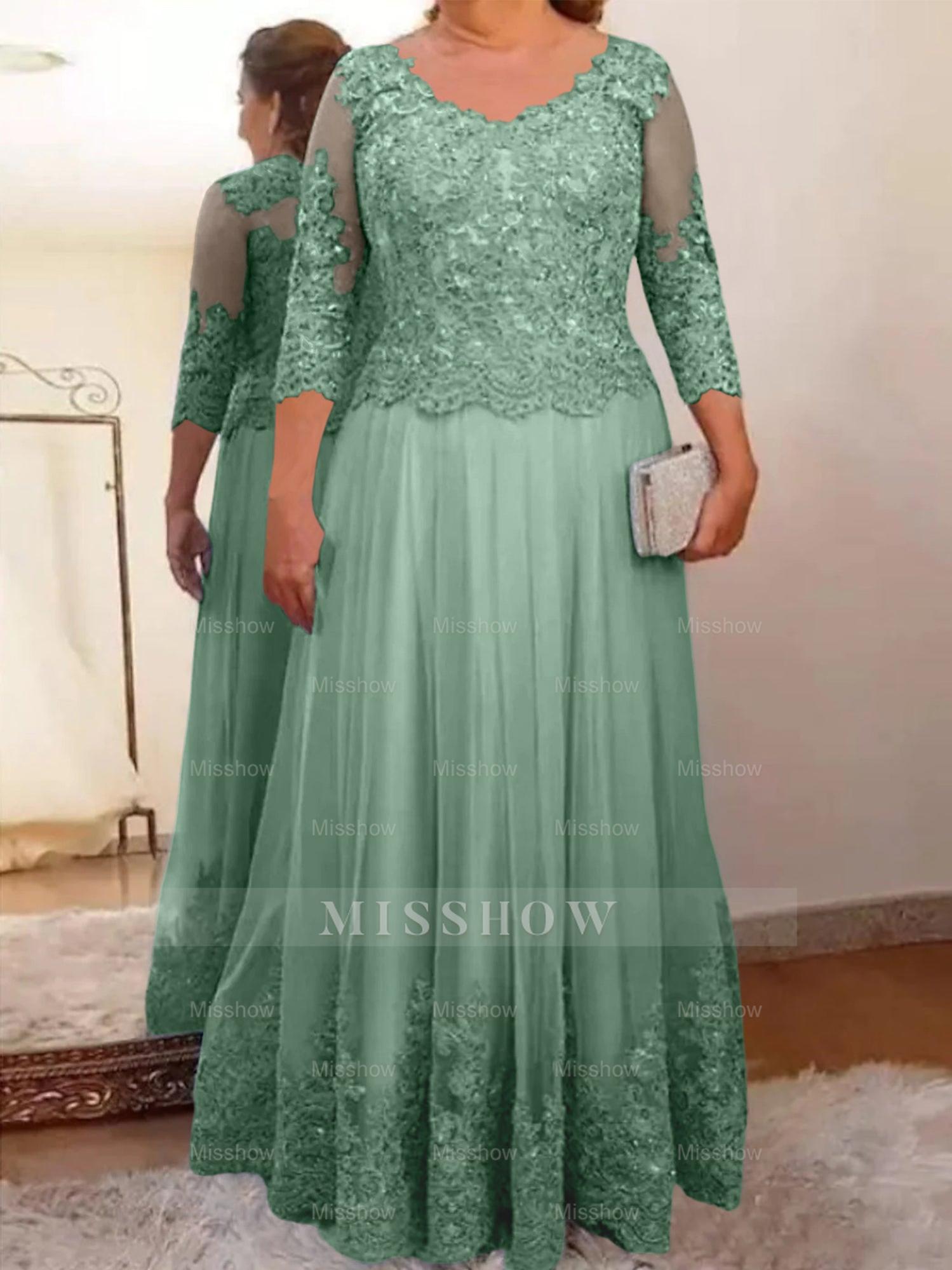 Floor-Length A-Line Mother of the Bride Dress with Sheer Neck and 3/4 Sleeves Featuring Applique