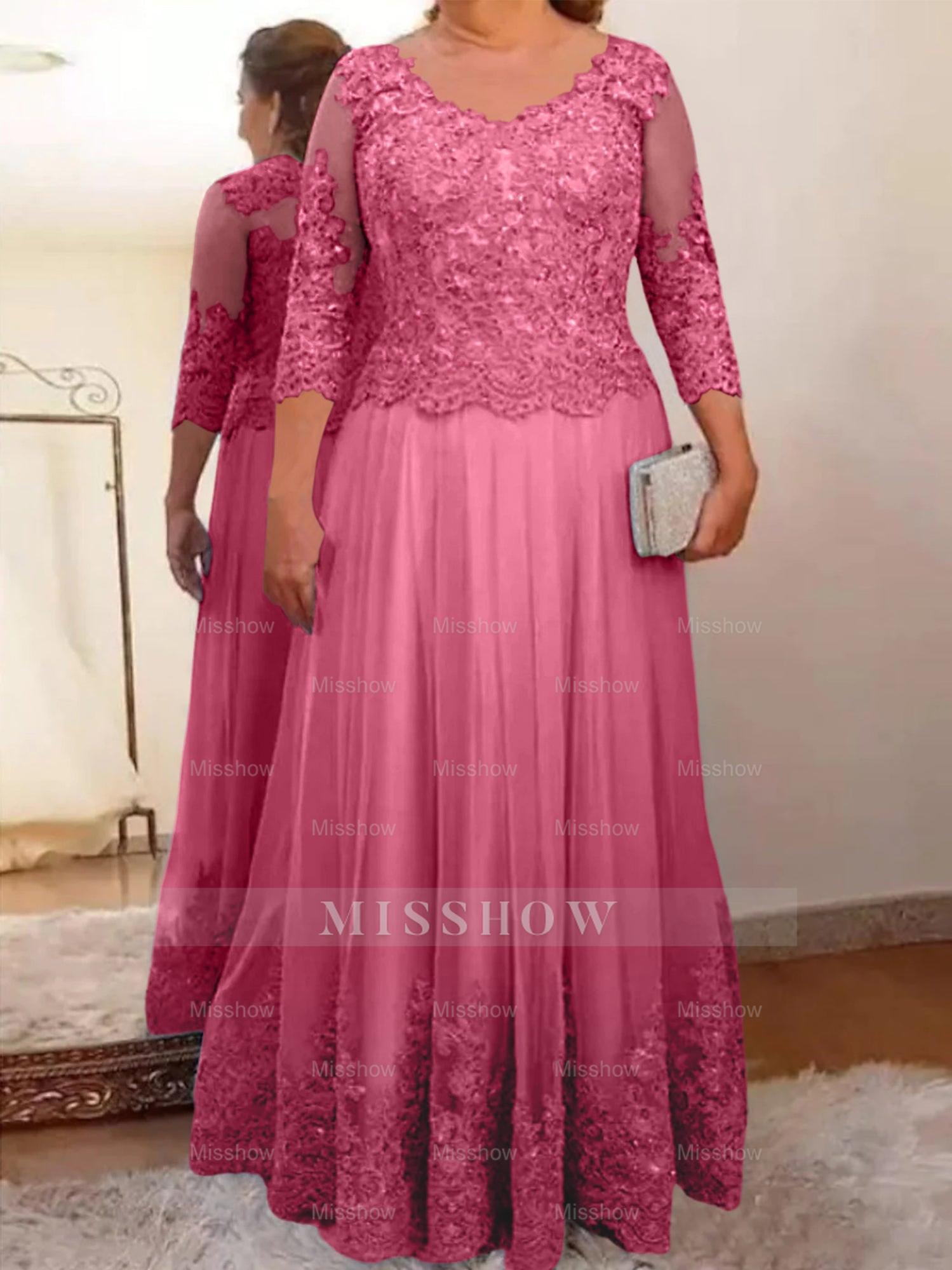 Floor-Length A-Line Mother of the Bride Dress with Sheer Neck and 3/4 Sleeves Featuring Applique
