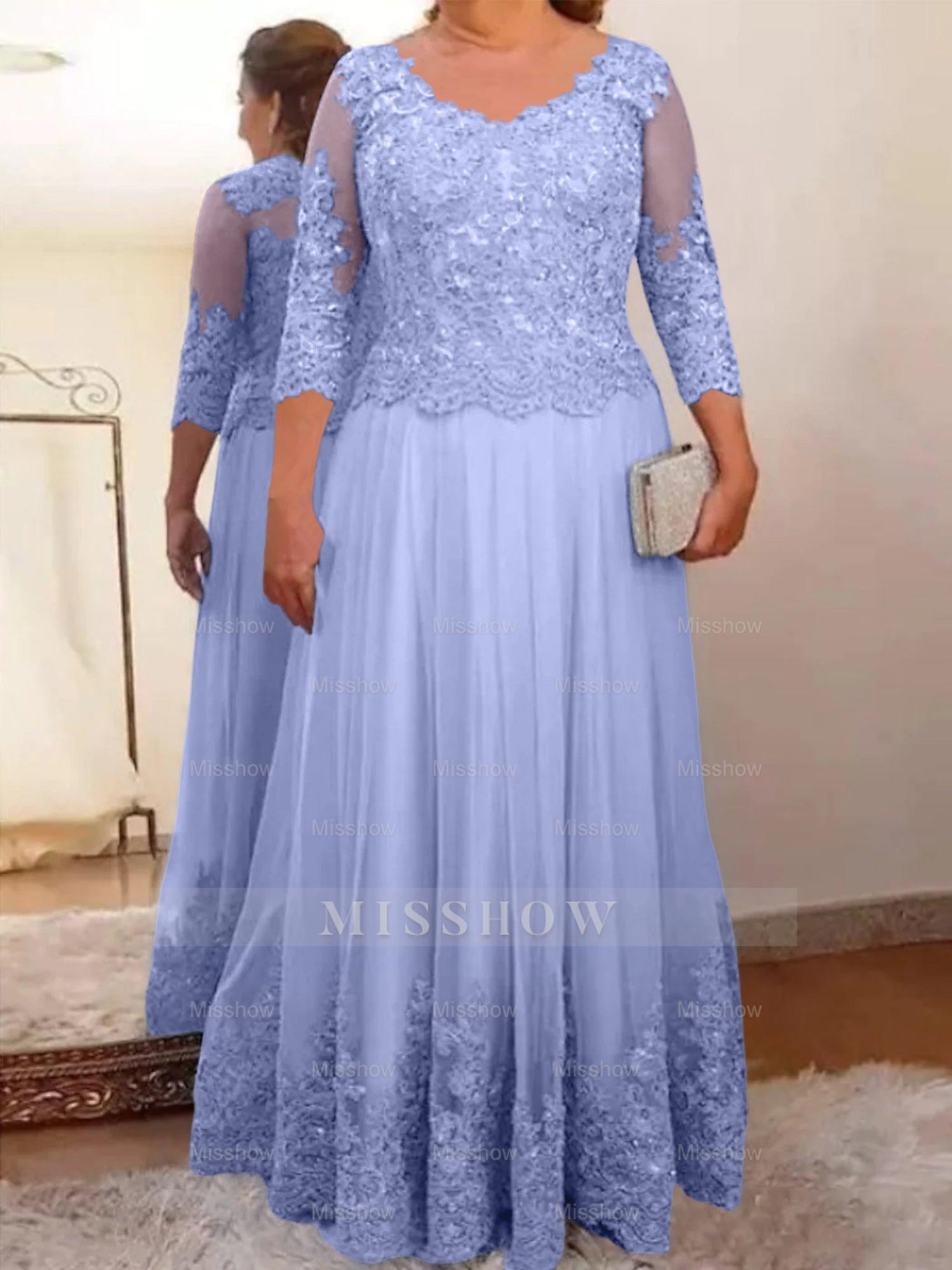 Floor-Length A-Line Mother of the Bride Dress with Sheer Neck and 3/4 Sleeves Featuring Applique