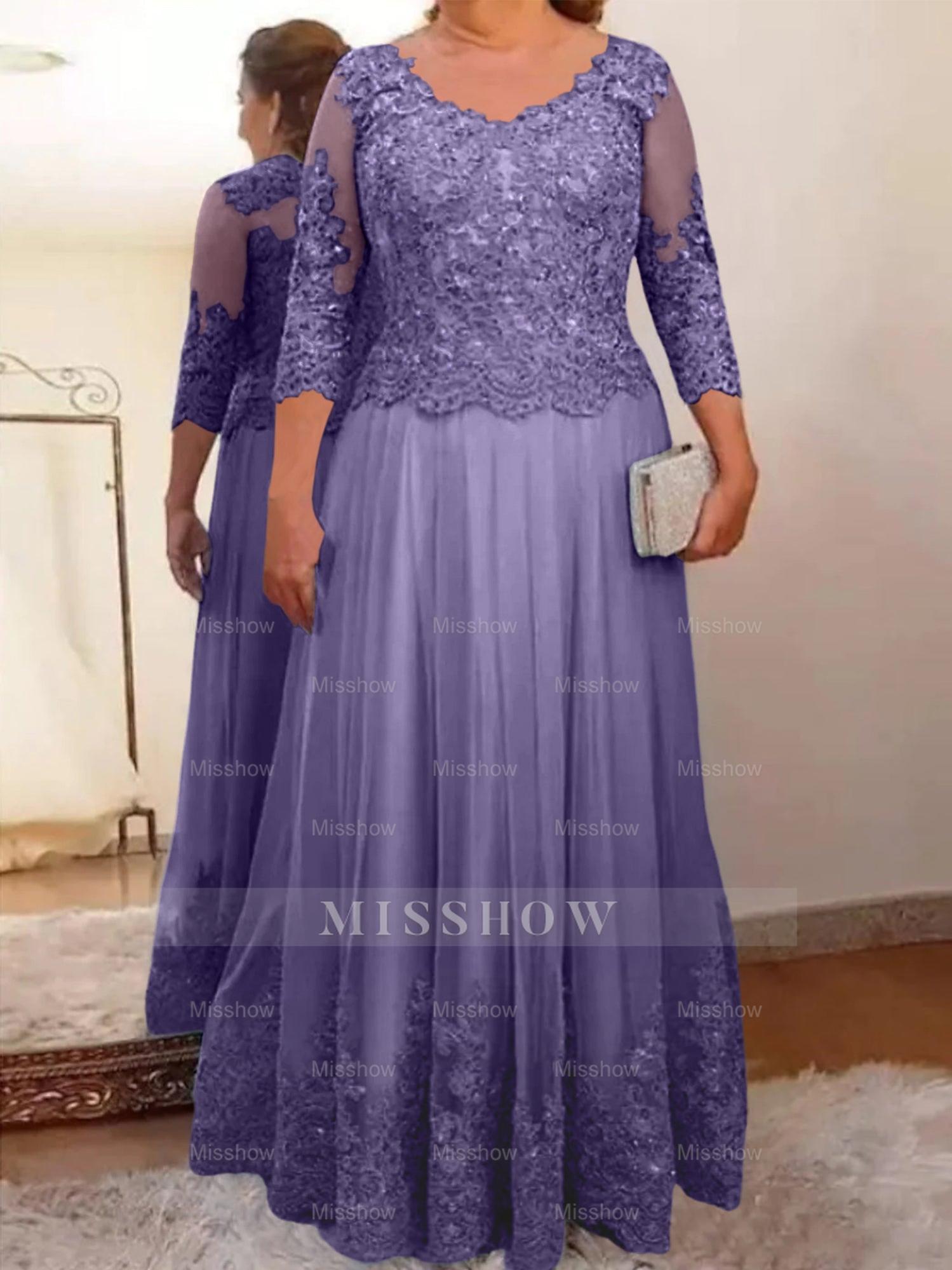 Floor-Length A-Line Mother of the Bride Dress with Sheer Neck and 3/4 Sleeves Featuring Applique