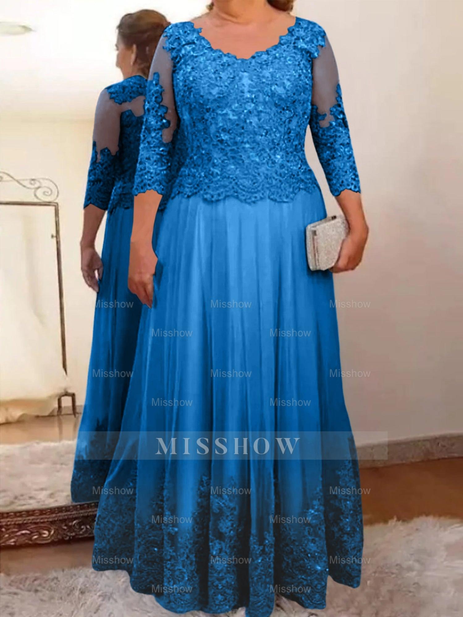 Floor-Length A-Line Mother of the Bride Dress with Sheer Neck and 3/4 Sleeves Featuring Applique
