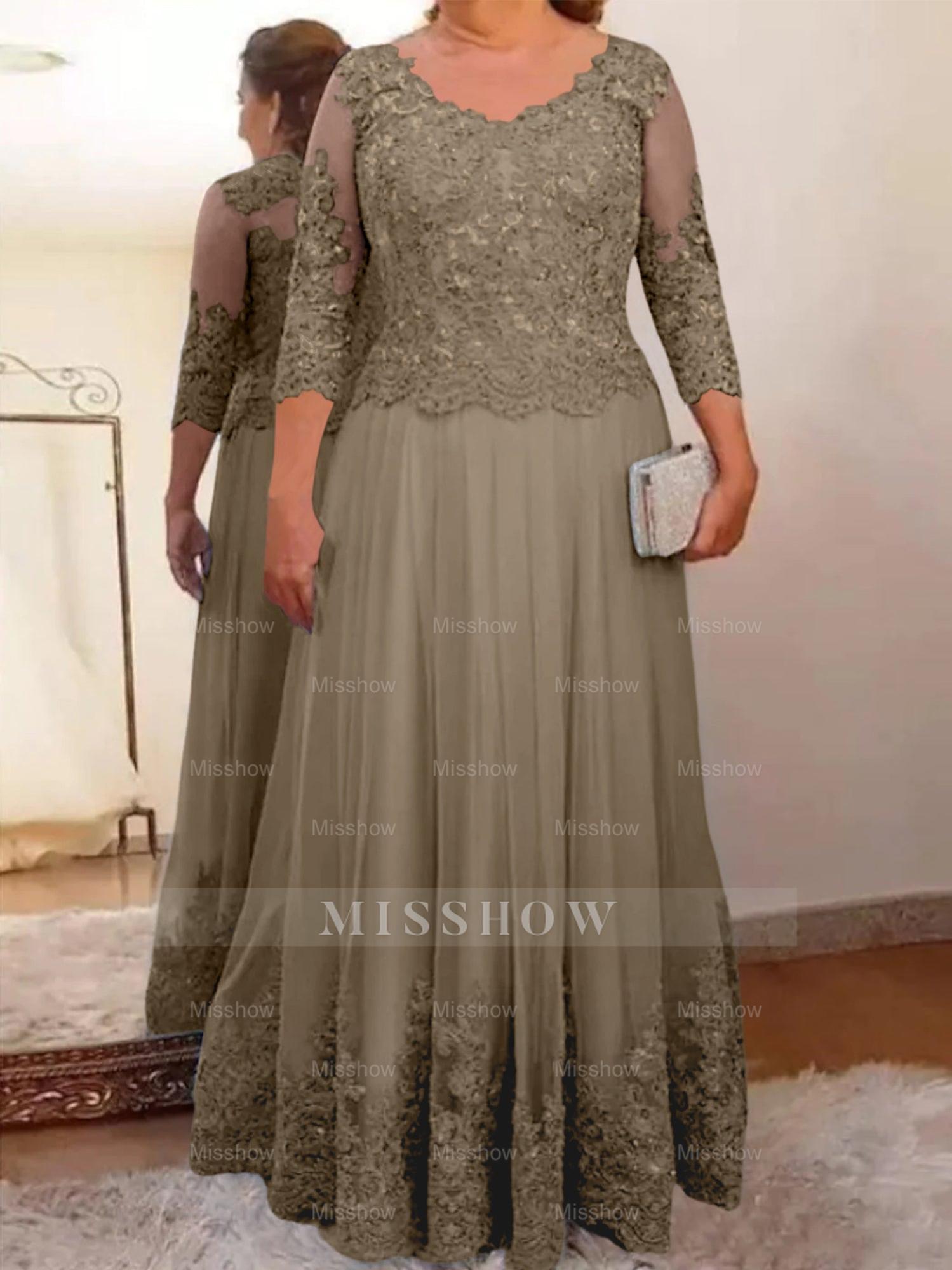 Floor-Length A-Line Mother of the Bride Dress with Sheer Neck and 3/4 Sleeves Featuring Applique
