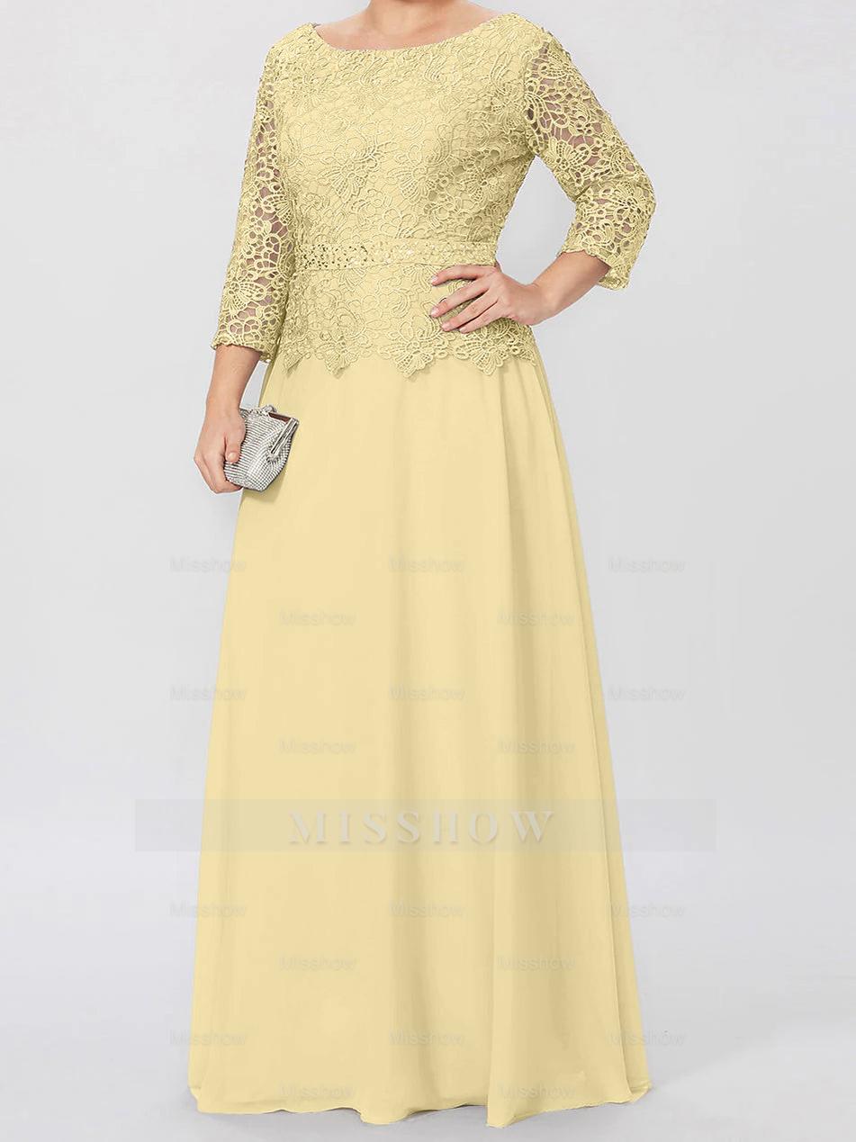 Floor-Length A-Line Princess Gown with Round Neck and 3/4 Sleeves Embellished with Applique & Sequins