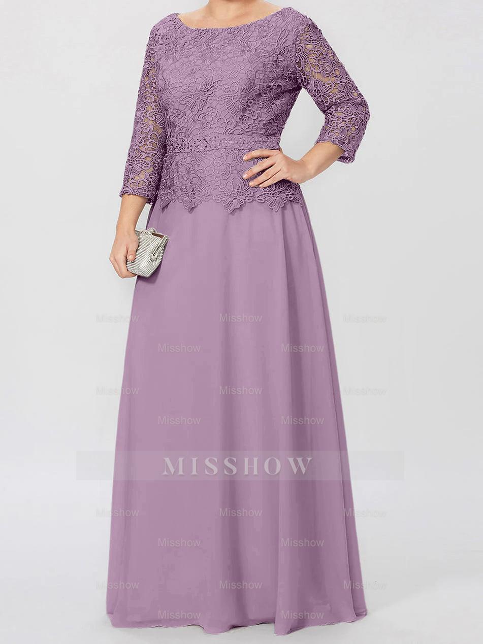 Floor-Length A-Line Princess Gown with Round Neck and 3/4 Sleeves Embellished with Applique & Sequins