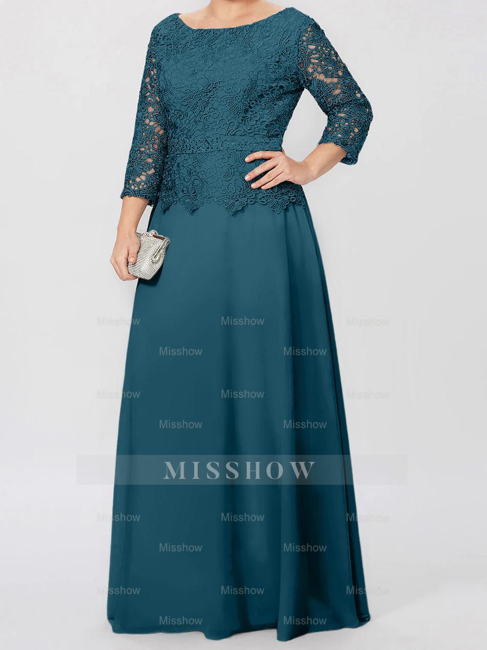 Floor-Length A-Line Princess Gown with Round Neck and 3/4 Sleeves Embellished with Applique & Sequins