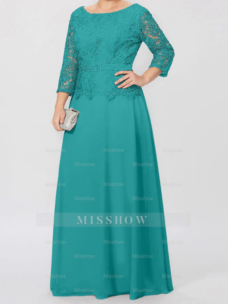 Floor-Length A-Line Princess Gown with Round Neck and 3/4 Sleeves Embellished with Applique & Sequins