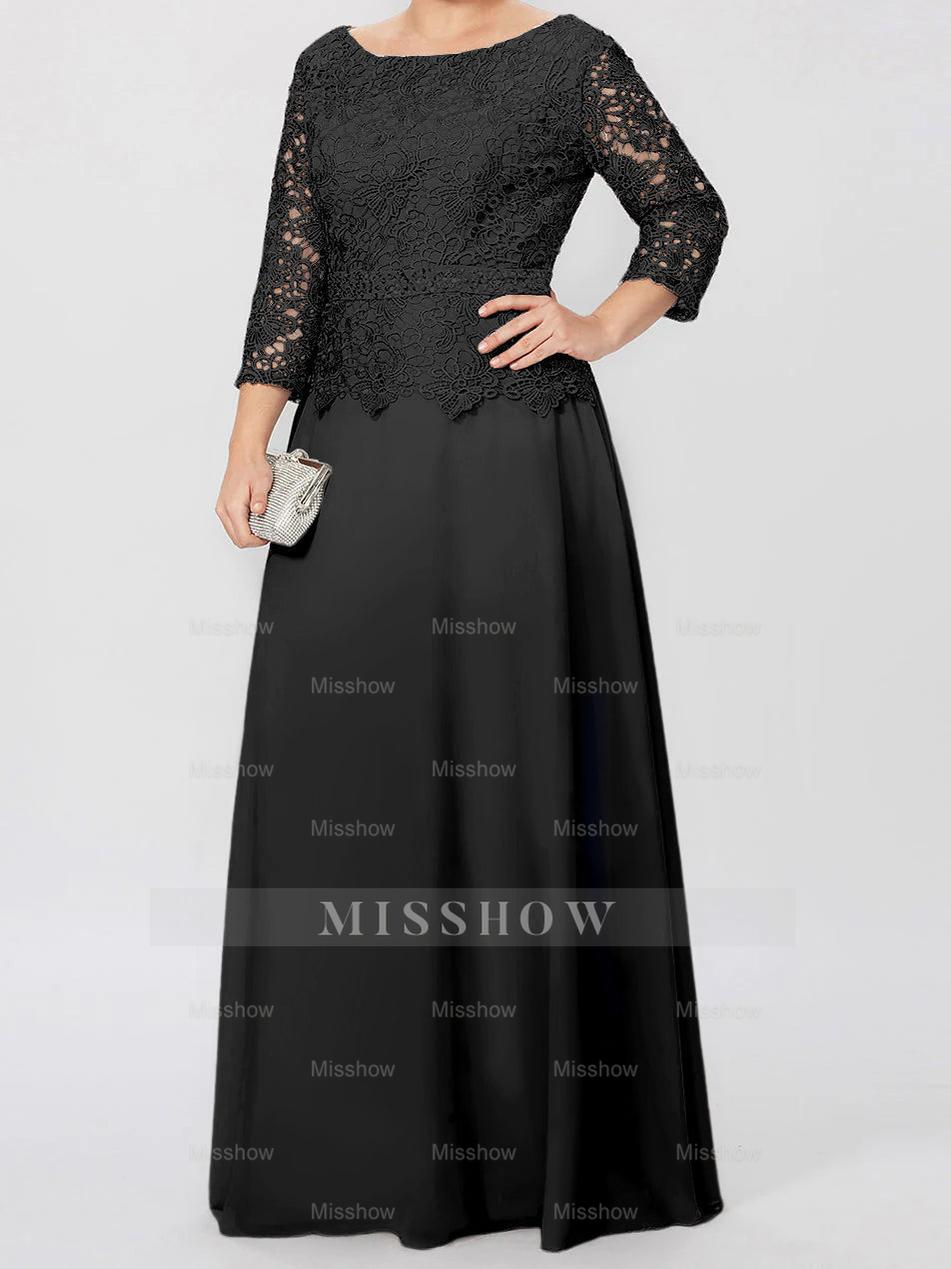 Floor-Length A-Line Princess Gown with Round Neck and 3/4 Sleeves Embellished with Applique & Sequins