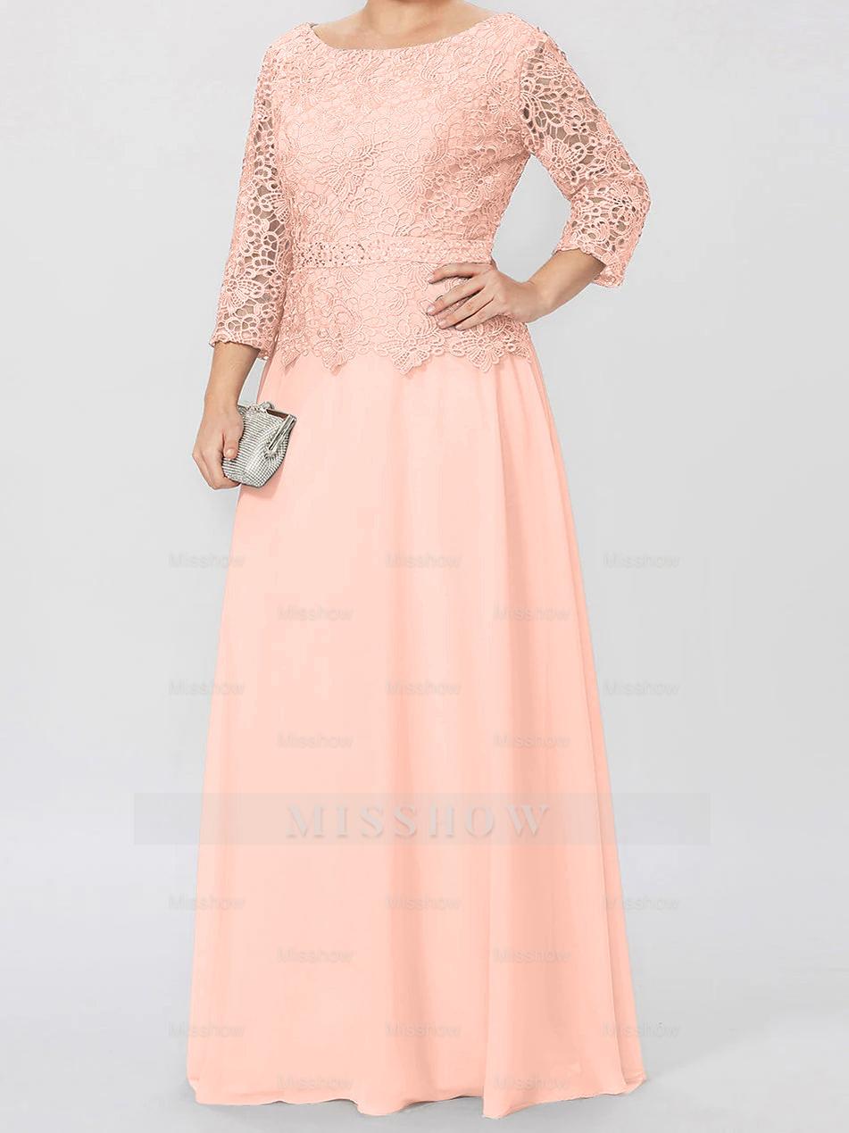 Floor-Length A-Line Princess Gown with Round Neck and 3/4 Sleeves Embellished with Applique & Sequins