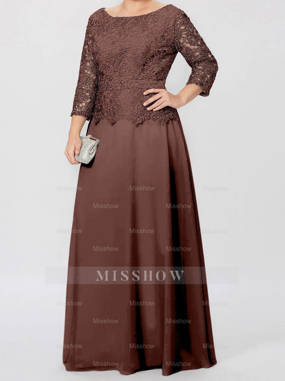Floor-Length A-Line Princess Gown with Round Neck and 3/4 Sleeves Embellished with Applique & Sequins