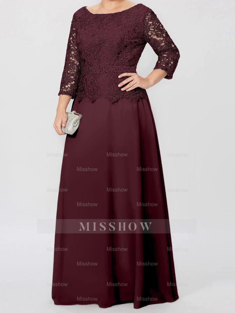 Floor-Length A-Line Princess Gown with Round Neck and 3/4 Sleeves Embellished with Applique & Sequins