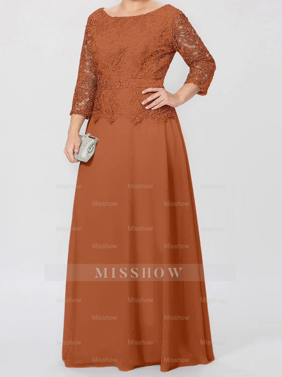 Floor-Length A-Line Princess Gown with Round Neck and 3/4 Sleeves Embellished with Applique & Sequins