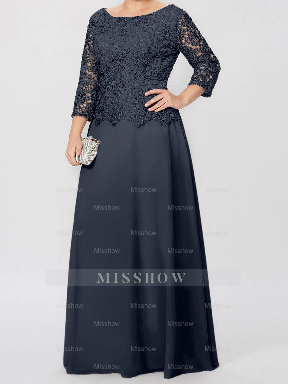 Floor-Length A-Line Princess Gown with Round Neck and 3/4 Sleeves Embellished with Applique & Sequins