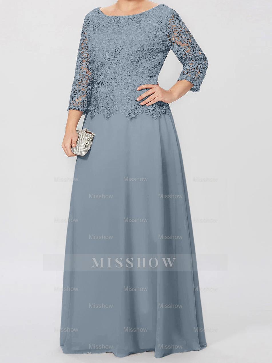 Floor-Length A-Line Princess Gown with Round Neck and 3/4 Sleeves Embellished with Applique & Sequins