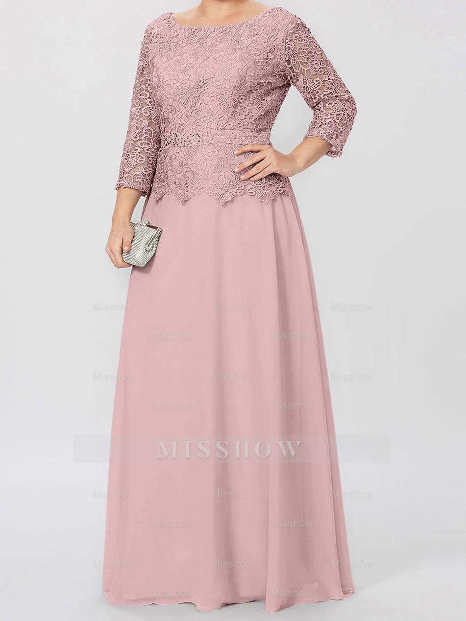 Floor-Length A-Line Princess Gown with Round Neck and 3/4 Sleeves Embellished with Applique & Sequins