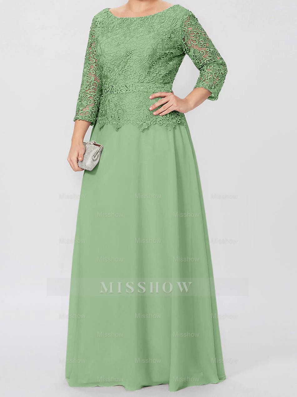 Floor-Length A-Line Princess Gown with Round Neck and 3/4 Sleeves Embellished with Applique & Sequins