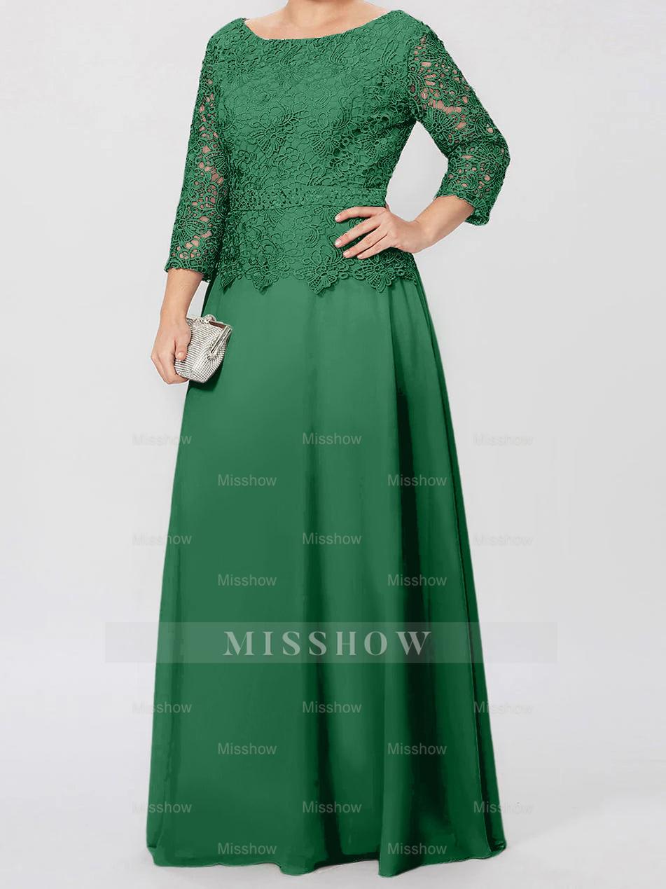 Floor-Length A-Line Princess Gown with Round Neck and 3/4 Sleeves Embellished with Applique & Sequins