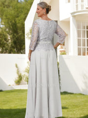 Floor-Length A-Line Princess Gown with Round Neck and 3/4 Sleeves Embellished with Applique & Sequins