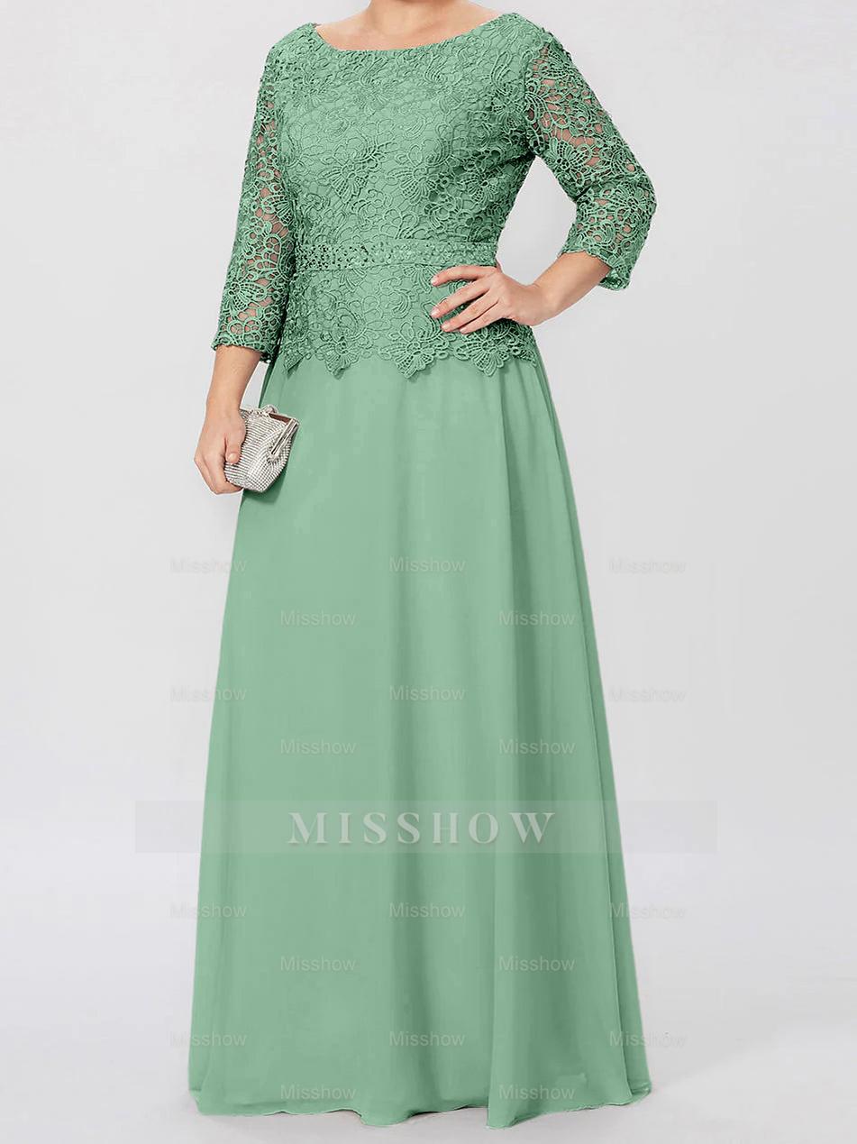 Floor-Length A-Line Princess Gown with Round Neck and 3/4 Sleeves Embellished with Applique & Sequins