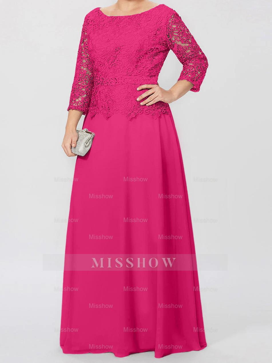 Floor-Length A-Line Princess Gown with Round Neck and 3/4 Sleeves Embellished with Applique & Sequins