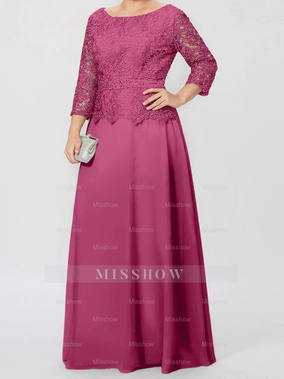 Floor-Length A-Line Princess Gown with Round Neck and 3/4 Sleeves Embellished with Applique & Sequins