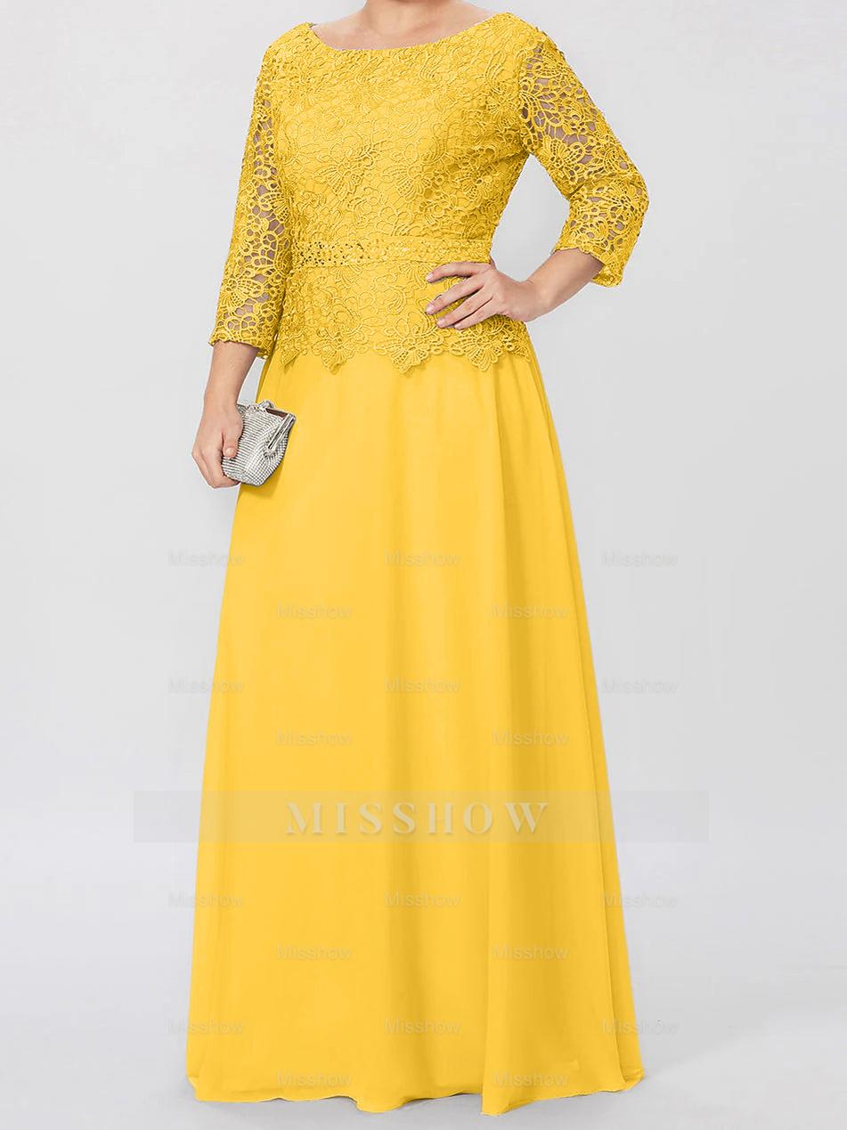 Floor-Length A-Line Princess Gown with Round Neck and 3/4 Sleeves Embellished with Applique & Sequins