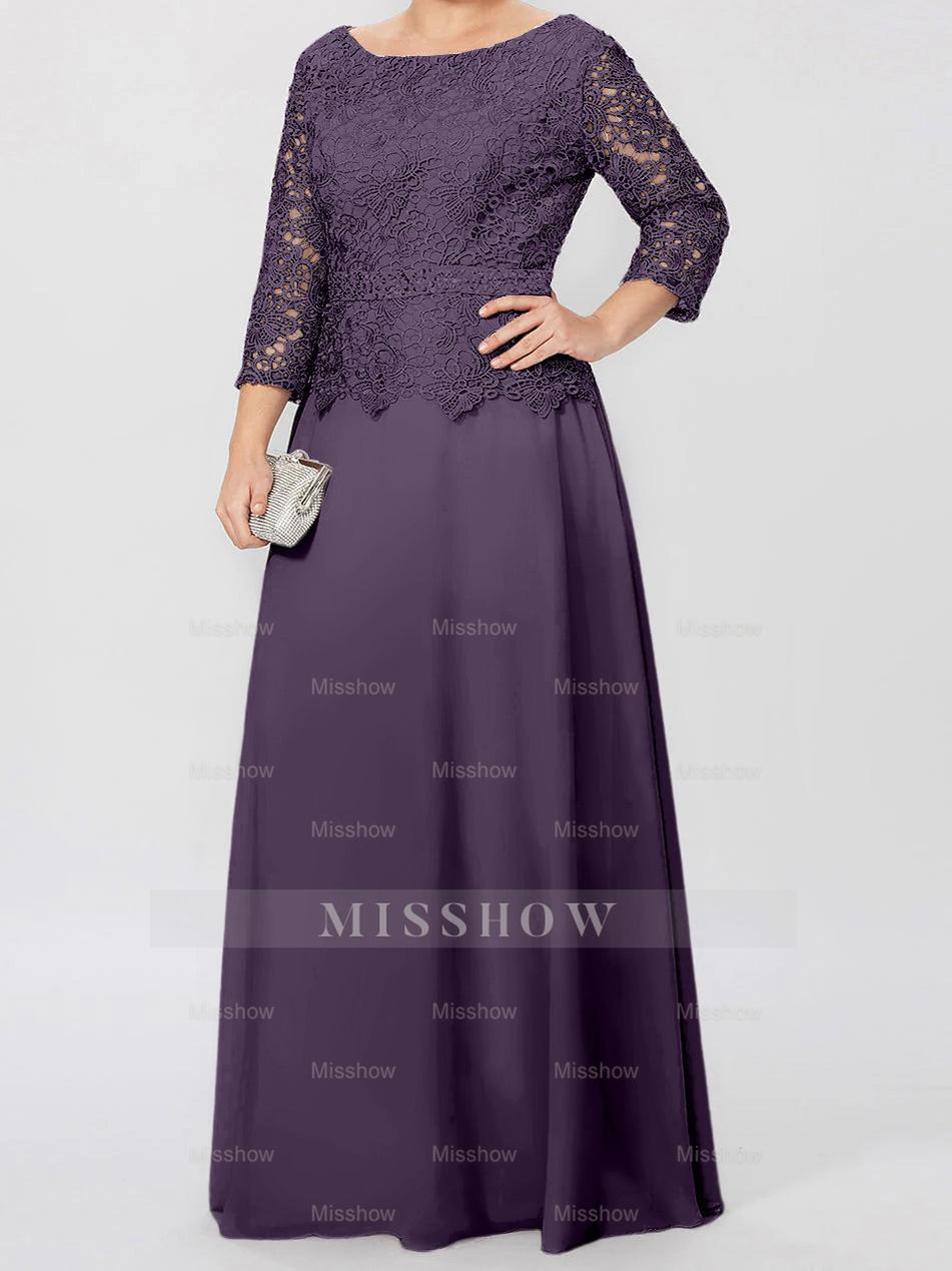 Floor-Length A-Line Princess Gown with Round Neck and 3/4 Sleeves Embellished with Applique & Sequins