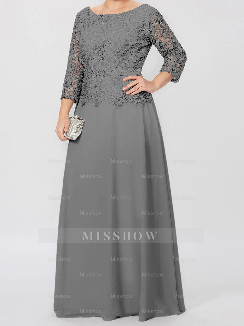 Floor-Length A-Line Princess Gown with Round Neck and 3/4 Sleeves Embellished with Applique & Sequins