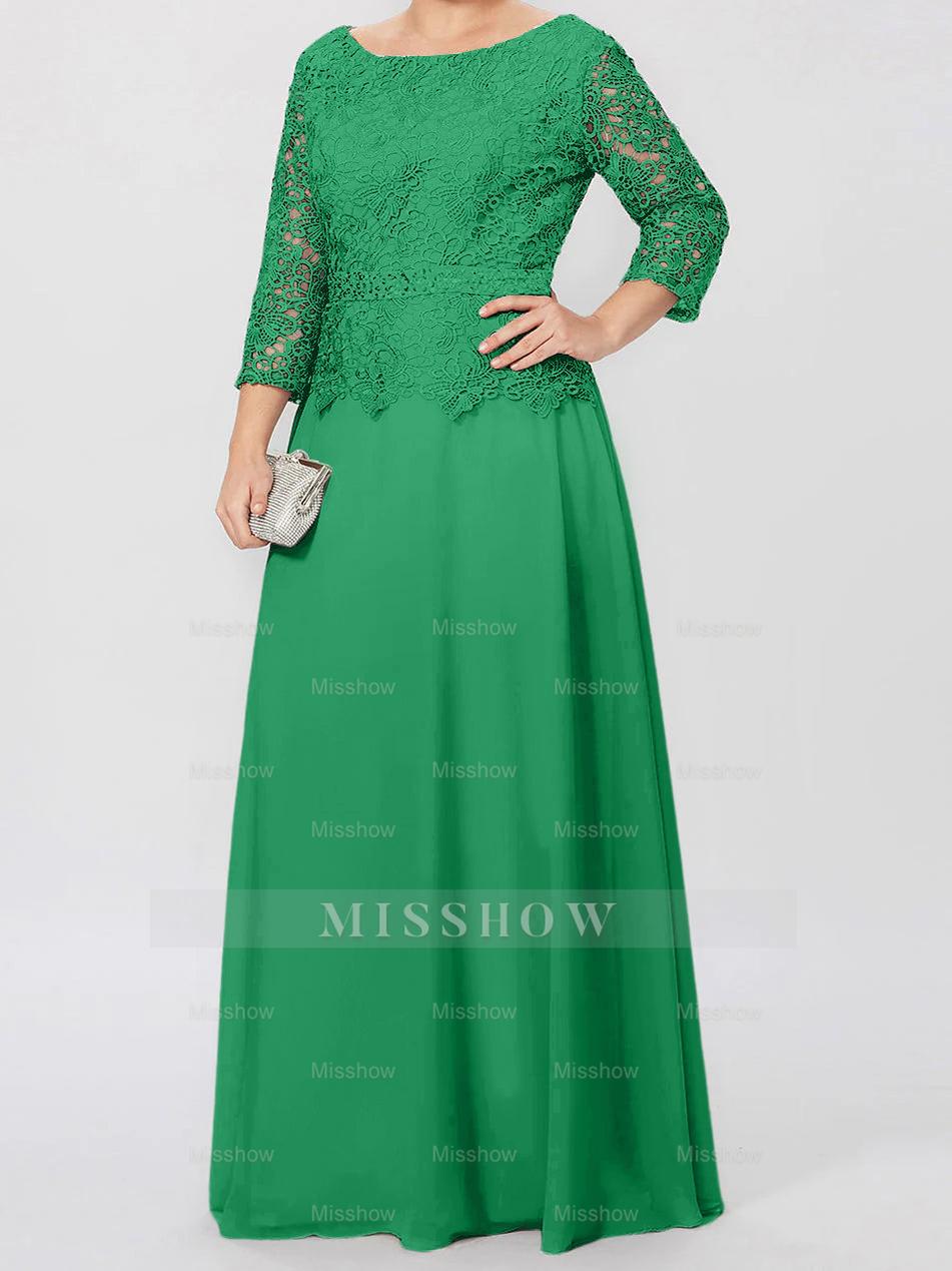 Floor-Length A-Line Princess Gown with Round Neck and 3/4 Sleeves Embellished with Applique & Sequins
