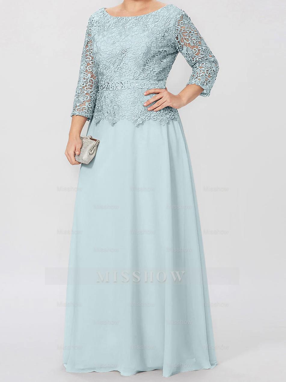 Floor-Length A-Line Princess Gown with Round Neck and 3/4 Sleeves Embellished with Applique & Sequins