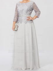 Floor-Length A-Line Princess Gown with Round Neck and 3/4 Sleeves Embellished with Applique & Sequins