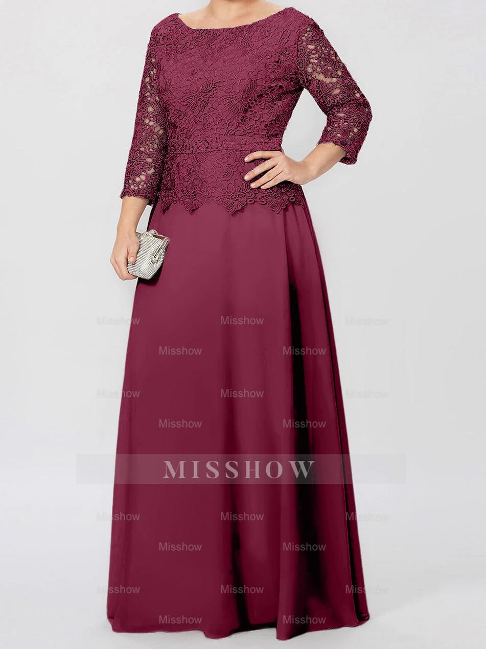 Floor-Length A-Line Princess Gown with Round Neck and 3/4 Sleeves Embellished with Applique & Sequins