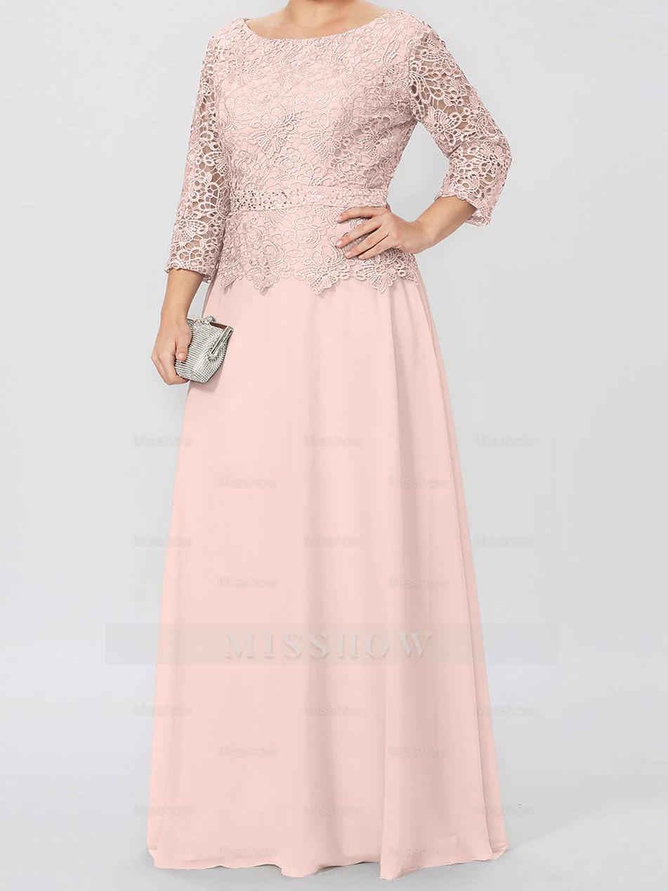 Floor-Length A-Line Princess Gown with Round Neck and 3/4 Sleeves Embellished with Applique & Sequins