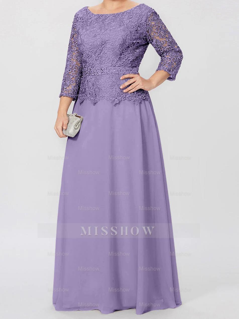 Floor-Length A-Line Princess Gown with Round Neck and 3/4 Sleeves Embellished with Applique & Sequins